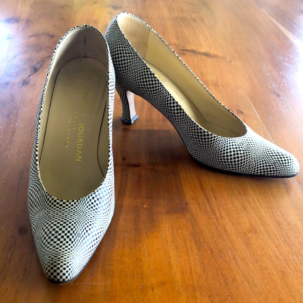 Rare Vintage Charles Jourdan Leather Pumps Black & Ivory Pattern Sz 6 -‎ EUC